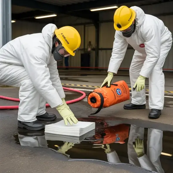 Workers absorbing a spill with a spill kit