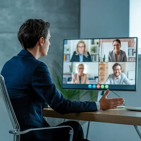 Manager having a remote meeting with 4 other people