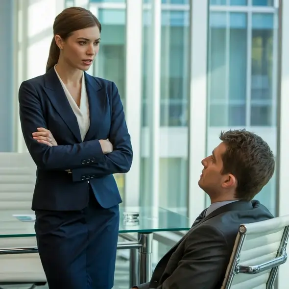 Woman addressing a man at work about his coments