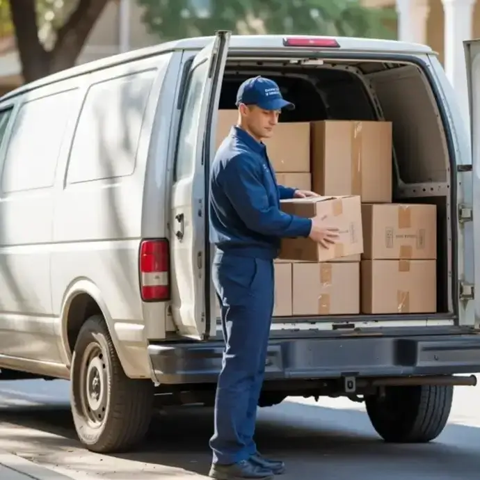 Delivery worker pulling trolley with boxes. Manual handling and AARR considerations.