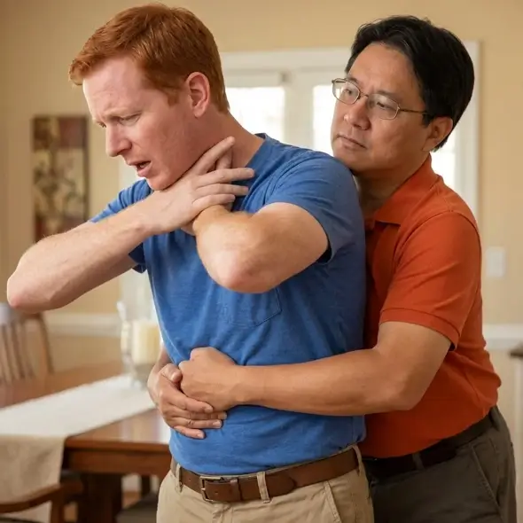 Person performing the Heimlich manoeuvre abdominal thrusts