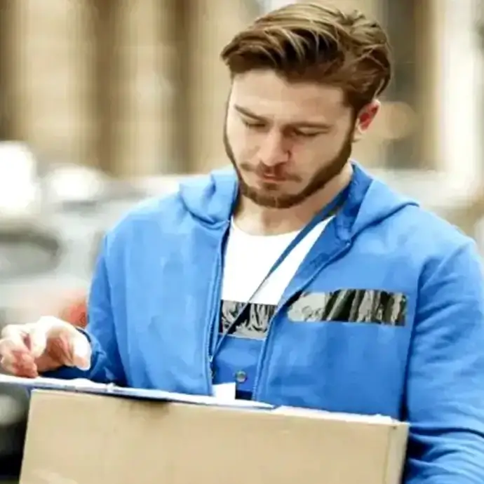 A delivery man manually handling a box