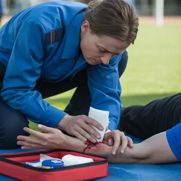First aider applying pressure to a wound