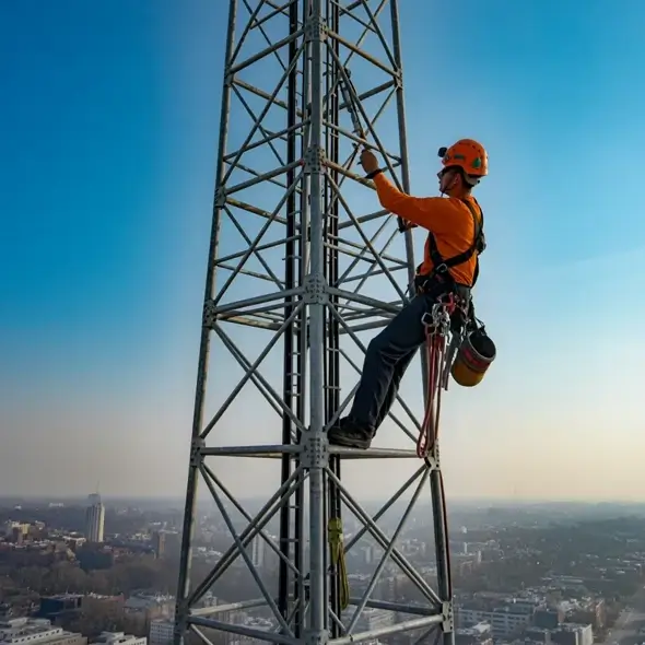 worker on a communications mast