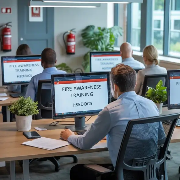 Staff taking a fire awareness training course