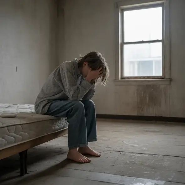 skinny poorly dressed teenager sitting crying on a bed in a room with nothing else