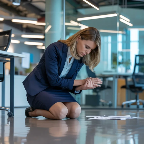 an office worker kneeling down and holding her wrist after slipping over