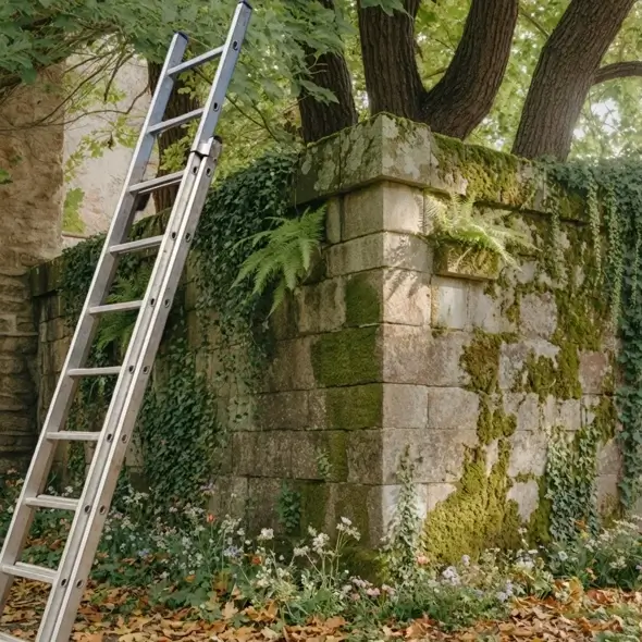 Ladder extending three rungs above a wall