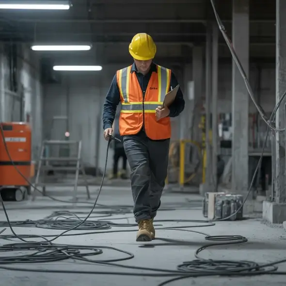 Worker walking near loose cables