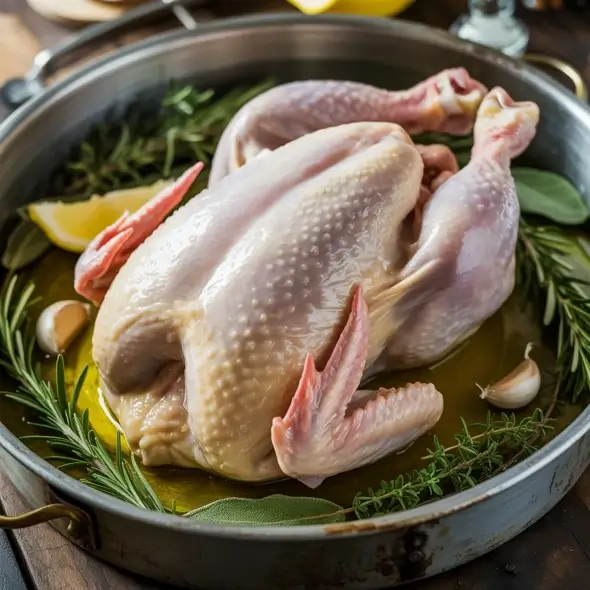 raw chicken in a roasting tin with herbs