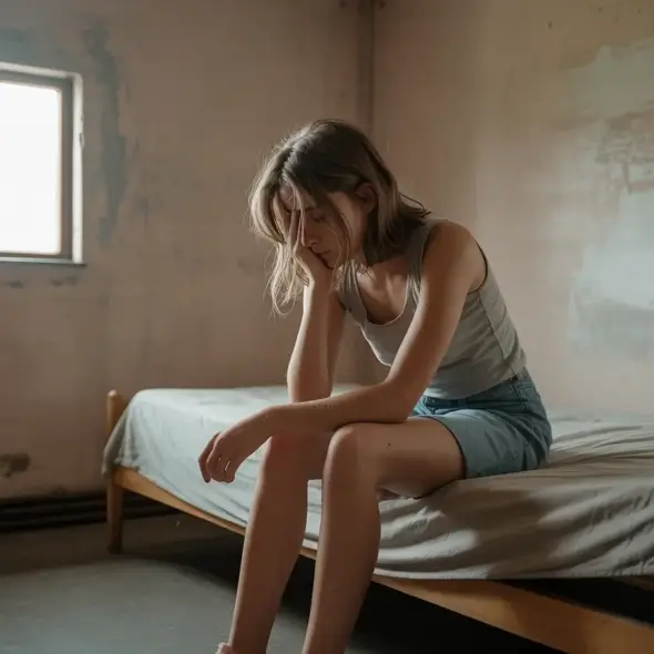 Young female slave alone in a bare room
