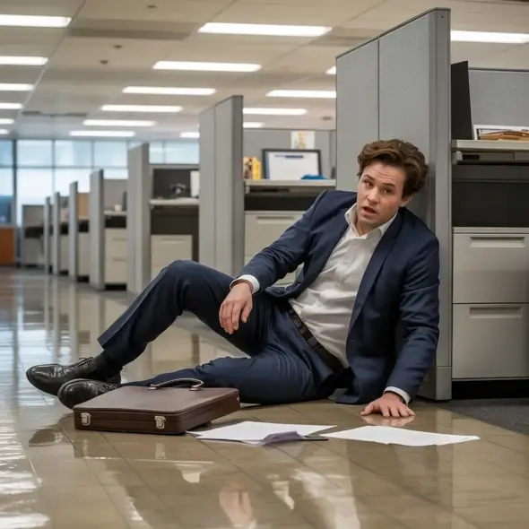 someone who is lying at the floor at work after a slip