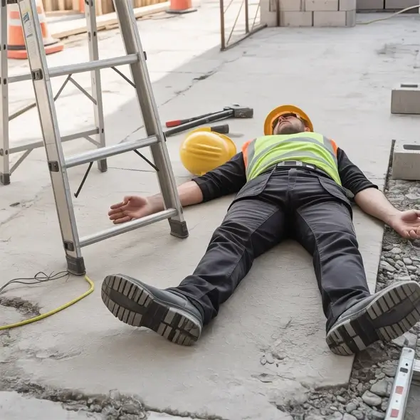 construction worker wearing black work trousers and a green shirt who is lying motionless at the bottom of some ladders after falling off