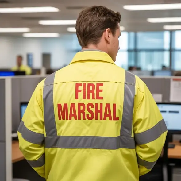 office worker with a high vis jacket on the back is written the words a fire marshal in red