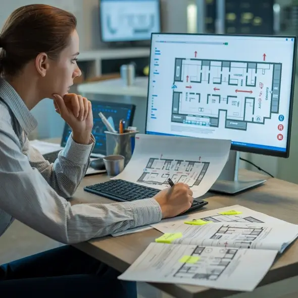 office worker at a computer creating a Personal Emergency Evacuation Plans