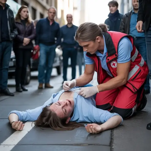a person in shock on the floor being treated by a first aider