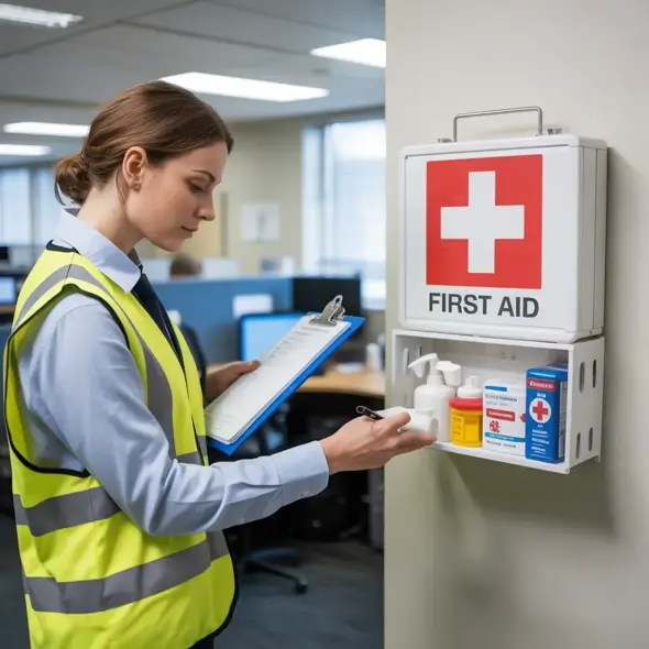 first aider at work checking the first aid kit