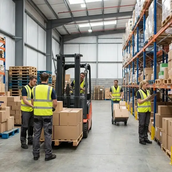 Warehouse workers with height risks evident
