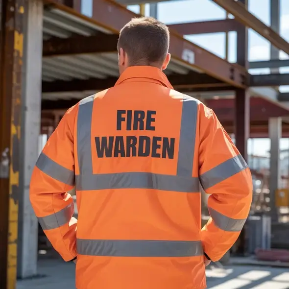 worker with a high vis jacket with Fire Warden written on the back