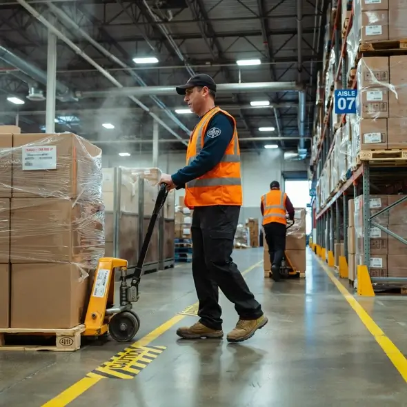 Worker using pallet truck