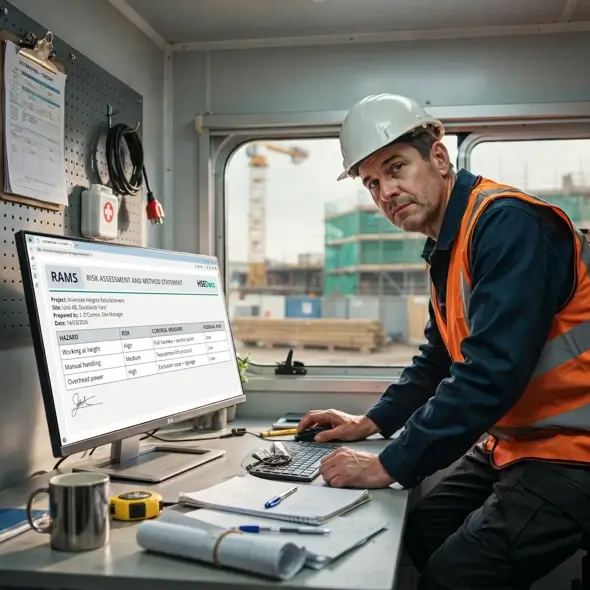 construction manager looking at RAMS by HSEDocs on a computer