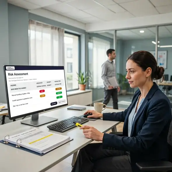 Manager reading a Risk Assessment on a computer screen