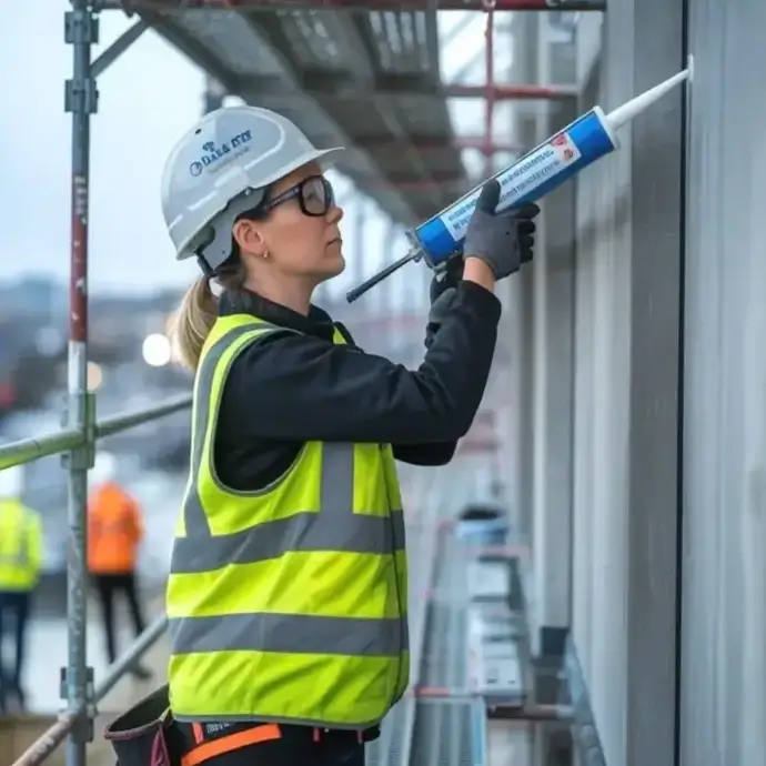 Worker on scaffolding wearing safety harness and hard hat, working at height.
