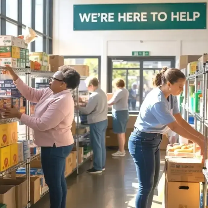 Staff stacking food bank shelves