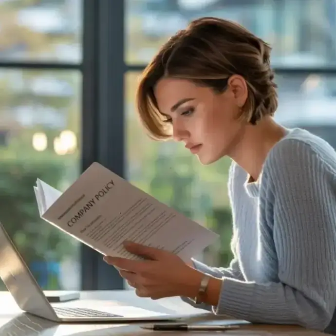 An office worker reading a company health and safety policy