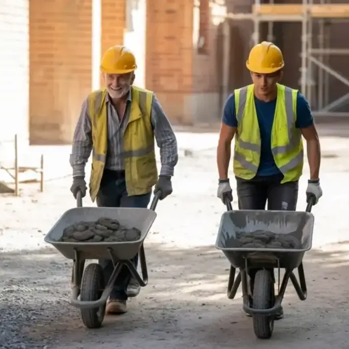 Construction workers manual handling wheelbarrows.