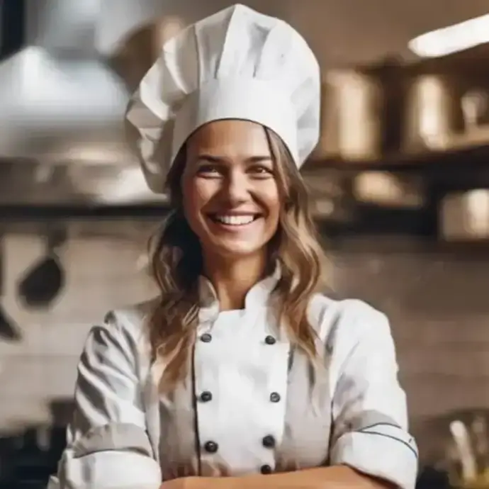 Female chef in kitchen, food safety training courses for hospitality staff.