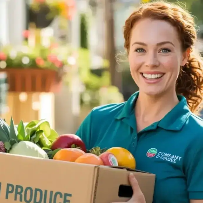 Woman smiling and carrying a heavy box: manual handling and workplace safety.