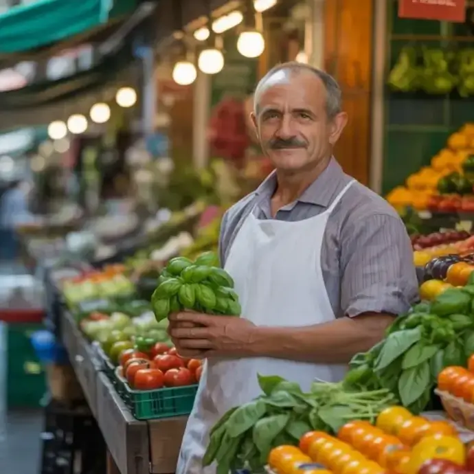 Greengrocer with fresh produce. Level one food hygiene training concepts. Stock rotation. Visual inspection.